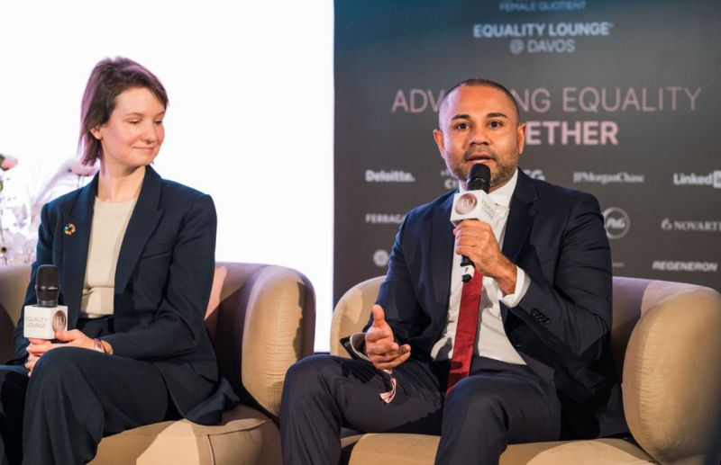 Shameek speaking on a panel at the Equality Lounge in Davos