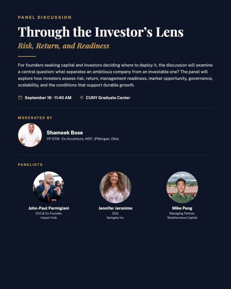 Panel card: Through the Investor's Lens, moderated by Shameek Bose